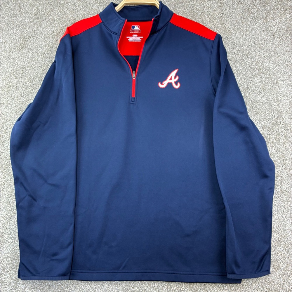 MLB Atlanta Braves Quarter Zip Pullover Size L Navy Blue Red Fleece FanGear MLB